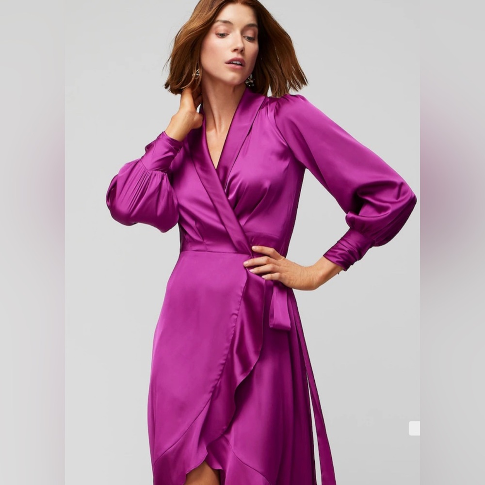 Long Sleeve Satin Ruffle Wrap Dress